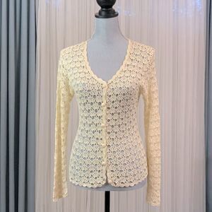 SISTERS cardigan crocheted scallop edges covered buttons long sleeves women sz L